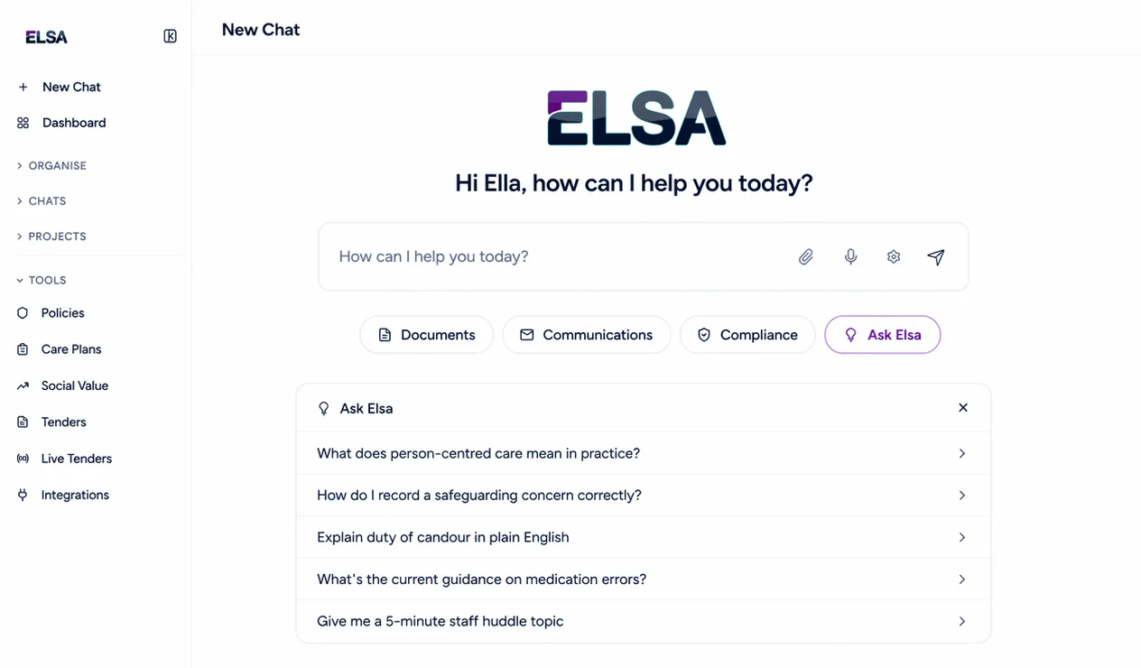 The ELSA app, showing its tools menu and the Ask ELSA assistant
